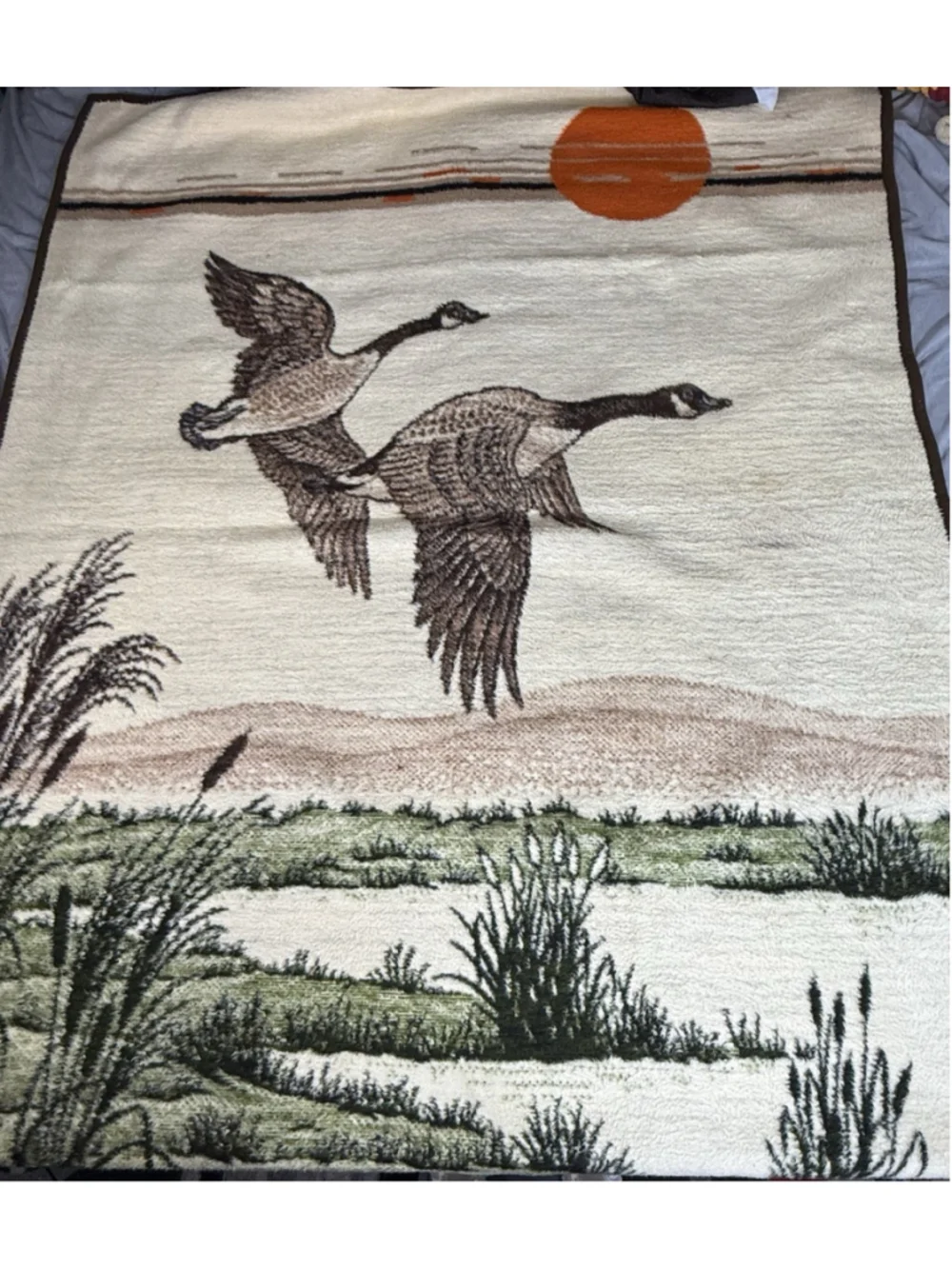 Vintage Biederlack Throw Blanket Reversible Ducks Geese Sunset Camp Retro 72x56